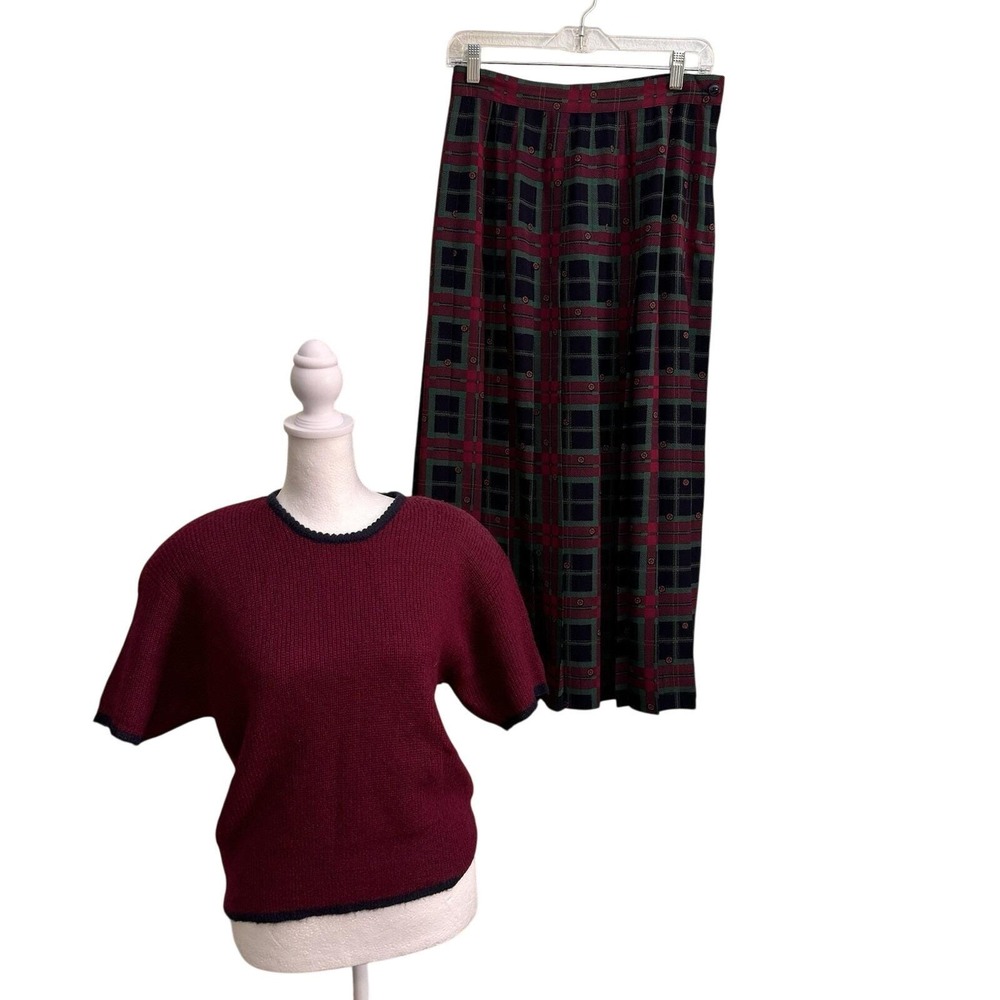 VTG 1980s The Villager Plaid Midi Skirt Mohair‎ Blend Sweater Set Academic  12 L